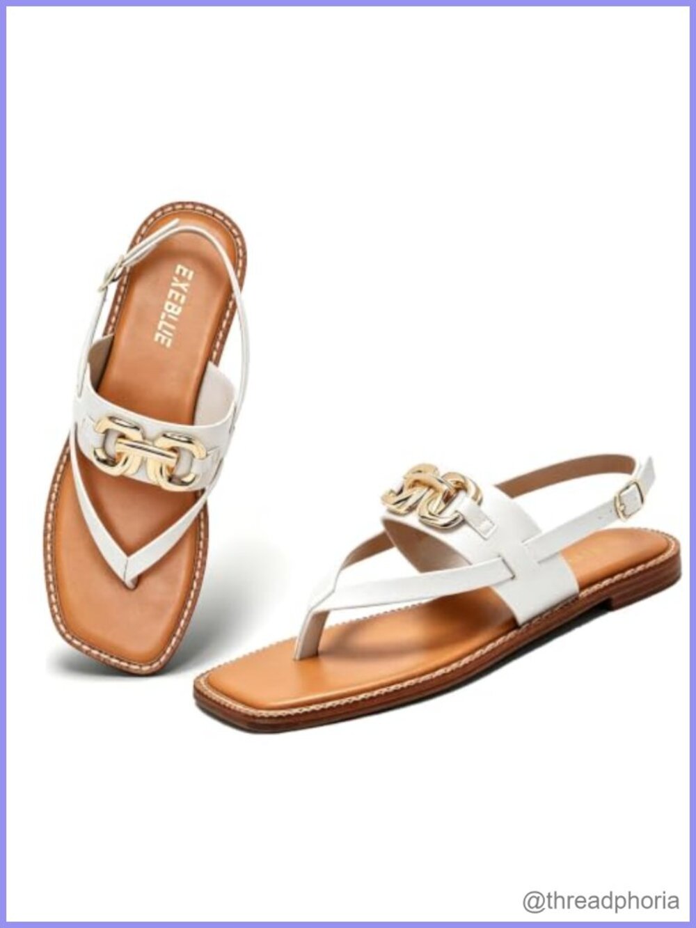 Womens Square Toe Thong Sandals Gold Chain Adjustable Buckle Strap Flat